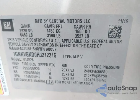 2017 Chevrolet Traverse 1Lt from USA, damaged, VIN 1GNKVGKD0HJ212316